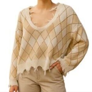 Distressed Beige Argyle Sweater XL Y2K Blokecore Whimsygoth